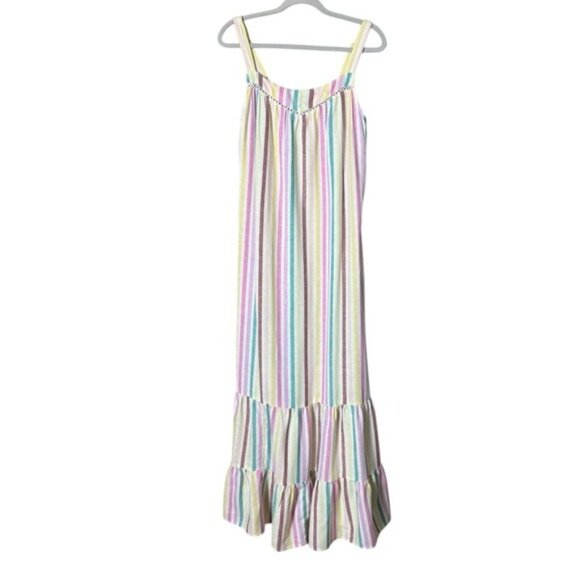 Cottagecore Linen Maxi Dress Large Rainbow Beachy Striped Ruffle Feminine Pastel - Picture 1 of 11